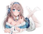  alternate_costume bangs bare_shoulders blonde_hair blue_dress blue_eyes blue_headband blue_ribbon blush breasts cleavage closed_mouth collar collarbone commentary crossed_ankles crossed_arms dress eyebrows_visible_through_hair fur-trimmed_dress girls_frontline hair_between_eyes hair_ornament hair_ribbon hairband long_hair looking_at_viewer lying marcellokito! medium_breasts no_shoes off_shoulder on_stomach ribbon see-through sidelocks simple_background snowflake_hair_ornament solo suomi_kp31_(girls_frontline) thighhighs thighs white_background white_legwear 