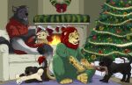 anthro bone canid canine canis christmas christmas_decorations christmas_lights christmas_present christmas_tree clothing domestic_dog duo felid feral fire fireplace furniture garland gift green_clothing happy hi_res holidays hybrid inside joyful legwear living_room male mammal pandottermon pantherine plant red_bow red_christmas_ornament red_clothing rope_toy satyr smile sofa stockings tiger tinsel tree white_sofa wolf wreath yellow_christmas_ornament