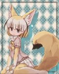  :3 afterimage animal_ears arched_back argyle argyle_background bangs barefoot between_legs black_hair blonde_hair blouse blunt_bangs blunt_ends bob_cut breasts commentary_request extra_ears eyebrows_visible_through_hair fennec_(kemono_friends) fox_ears fox_tail frame from_side fur fur_collar green_background grey_eyes hand_between_legs heart highres kemono_friends kolshica looking_at_viewer medium_breasts multicolored_hair neck_ribbon pink_blouse plaid plaid_skirt polka_dot polka_dot_background ribbon short_hair short_sleeves sitting skirt solo streaked_hair tail wariza white_hair white_skirt yellow_neckwear 