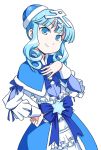  anbe_masahiro bangs blue_bow blue_capelet blue_dress blue_eyes blue_hair blue_hat bow capelet closed_mouth commentary_request dress drill_hair eyebrows_visible_through_hair frilled_sleeves frills fumi-chan_(nhk) hair_ornament hand_on_hip hand_on_own_chest hat head_tilt kanji long_sleeves looking_at_viewer medium_dress nippon_housou_kyoukai short_hair sidelocks simple_background smile solo standing twin_drills upper_body white_background 