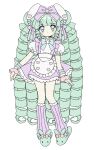  1girl animal_ears animal_slippers apron arms_at_sides blunt_bangs borrowed_character bow bunny_slippers closed_mouth commission dot_mouth dot_nose double-parted_bangs drill_hair droopy_ears expressionless flat_color footwear_bow frilled_apron frilled_bow frilled_straps frilled_wristband frills full_body green_footwear green_hair hair_bow heart heart_in_eye heartpuff highres leg_warmers light_blush long_hair original pastel_colors puffy_short_sleeves puffy_sleeves purple_bow purple_leg_warmers purple_skirt quin_tails rabbit_ears second-party_source shirt short_sleeves sidelocks skirt sleeve_bow slippers solo symbol_in_eye very_long_hair waist_apron white_apron white_shirt wing_hair_ornament winged_footwear wristband yume_kawaii 