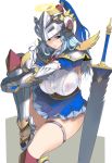  angel angel_wings aqua_eyes aqua_hair breasts commentary_request covered_nipples curvy greaves halo helmet highres knight large_breasts long_hair masao original pauldrons plump see-through skirt solo sword weapon wings 
