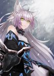  agrius_metamorphosis ahoge animal_ears atalanta_(alter)_(fate) atalanta_(fate) bangs bare_shoulders black_legwear braid breasts claws closed_mouth collar commentary_request detached_sleeves dress fate/grand_order fate_(series) green_eyes hair_between_eyes highres long_hair medium_breasts multicolored_hair outstretched_arm serious silver_hair solo standing yukihama 