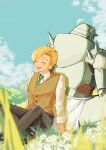  1boy alphonse_elric arm_support armor arms_at_sides back-to-back black_footwear black_pants black_socks blonde_hair blue_sky blurry brown_vest buttons closed_eyes cloud collared_shirt curtained_hair day depth_of_field diagonal-striped_clothes diagonal-striped_necktie dress_pants dress_shirt dress_shoes dual_persona facing_viewer field flower flower_bed full_armor full_body fullmetal_alchemist grass green_necktie happy helmet highres indian_style laughing light_blush loincloth long_sleeves male_focus monori_buturi mountainous_horizon nature necktie on_ground open_mouth outdoors pants parted_bangs shirt shoes shoulder_spikes simple_flower sitting size_difference sky socks spiked_helmet spikes striped_clothes striped_necktie swept_bangs tassel teeth time_paradox upper_teeth_only vest waistcoat white_flower white_loincloth white_shirt wispy_bangs 
