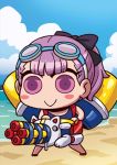  :&gt; april_fools beach black_bow blue_sky blush_stickers bow chibi cloud day fate/grand_order fate_(series) gatling_gun goggles goggles_on_head hair_bow helena_blavatsky_(swimsuit_archer)_(fate) holding holding_water_gun no_nose official_art purple_eyes purple_hair riyo_(lyomsnpmp) sky solo water water_gun 