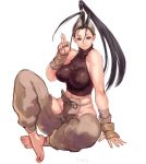  antenna_hair armor baggy_pants bandana barefoot black_hair breasts brown_eyes commentary_request covered_nipples full_body halter_top halterneck high_ponytail hip_vent ibuki_(street_fighter) impossible_clothes impossible_shirt japanese_armor kote large_breasts looking_at_viewer no_panties pants ponytail pose shirt shu-mai sitting sleeveless sleeveless_turtleneck smile solo street_fighter street_fighter_iii_(series) taut_clothes toes turtleneck white_background 