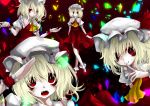  aizettonagi blonde_hair clone commentary_request fang fangs finger_to_mouth flandre_scarlet four_of_a_kind_(touhou) hands highres looking_at_viewer multiple_girls one_eye_closed open_mouth red_eyes salute shrug slit_pupils smile the_embodiment_of_scarlet_devil touhou wide-eyed wings 