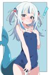  ! 1girl absurdres bare_arms bare_shoulders blue_background blue_eyes blue_hair blue_nails blue_one-piece_swimsuit blush border commentary competition_school_swimsuit covered_navel cowboy_shot fins fish_tail flat_chest gawr_gura hair_ornament hand_on_own_chest highres hololive hololive_english hutaba_haru long_hair looking_at_viewer multicolored_hair nail_polish one-piece_swimsuit outside_border school_swimsuit shark_hair_ornament shark_tail smile solo streaked_hair swimsuit tail two_side_up virtual_youtuber white_background white_border white_hair 