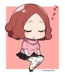  :o blush brown_hair chibi closed_eyes commentary_request do_m_kaeru floral_print okumura_haru open_mouth pantyhose persona persona_5 pink_sweater plaid plaid_skirt print_legwear ribbed_sweater short_hair skirt sleeping solo sweater twitter_username white_legwear zzz 