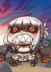  :&gt; angry april_fools blush burning_eyes chibi claws fate/grand_order fate_(series) fire flail highres official_art penthesilea_(fate/grand_order) red_sclera riyo_(lyomsnpmp) scowl shaded_face sharp_teeth silver_hair solid_circle_eyes solo teeth weapon 