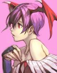  air_bubble bare_shoulders blue_gloves bridal_gauntlets bubble fingernails from_side gloves hand_up hankuri head_wings lilith_aensland parted_lips purple_background purple_eyes red_eyes red_wings short_hair simple_background solo upper_body vampire_(game) wings 