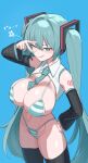  1girl alternate_breast_size aqua_bikini aqua_eyes aqua_hair aqua_nails aqua_necktie aqua_trim bare_shoulders between_breasts bikini black_sleeves black_thighhighs blue_background breasts closed_mouth collared_shirt cropped_shirt detached_sleeves hair_between_eyes hair_intakes hand_on_own_hip hatsune_miku highleg highleg_bikini highres horizontal-striped_swimwear huge_breasts long_hair meme_attire miku_collar_bikini multicolored_bikini multicolored_clothes nail_polish necktie necktie_between_breasts number_tattoo one_eye_closed shirt shoulder_tattoo simple_background solo star-shaped_pupils star_(symbol) stomach striped_bikini striped_clothes swimsuit symbol-shaped_pupils tattoo thighhighs tongue tongue_out twintails two-tone_bikini v v_over_eye very_long_hair vocaloid white_bikini white_shirt yuina64nhk 