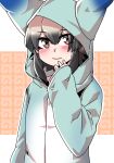  absurdres african_wild_dog_(kemono_friends) alternate_costume blue_hoodie blush covering_mouth eyebrows_visible_through_hair grey_hair hand_over_own_mouth highres hood hood_up hoodie japari_symbol kemono_friends long_sleeves lucky_beast_(kemono_friends) multicolored_hair short_hair smile solo takoongyi upper_body 
