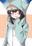  1girl absurdres african_wild_dog_(kemono_friends) alternate_costume blue_hoodie blush commentary_request covering_own_mouth grey_hair hand_over_own_mouth highres hood hood_up hoodie japari_symbol kemono_friends long_sleeves lucky_beast_(kemono_friends) multicolored_hair short_hair smile solo takoongyi upper_body 