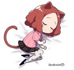  animal_ears blush brown_hair cat_ears cat_tail chibi closed_eyes commentary_request do_m_kaeru floral_print kemonomimi_mode lying okumura_haru on_side pantyhose persona persona_5 pink_sweater plaid plaid_skirt print_legwear ribbed_sweater short_hair shuujin_academy_uniform skirt sleeping solo sweater tail twitter_username white_legwear 