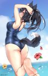  animal_ears arched_back armpits artist_name ass azur_lane bangs bare_arms bare_legs bare_shoulders barefoot black_hair blue_sky blue_swimsuit blurry blurry_background blush breasts brown_eyes closed_mouth cloud commentary_request day depth_of_field eyebrows_visible_through_hair feet flower from_behind hair_ribbon hibiscus highres horizon kaetzchen long_hair looking_at_viewer medium_breasts ocean one-piece_swimsuit outdoors ponytail red_eyes red_flower ribbon school_swimsuit shigure_(azur_lane) sidelocks sky smile soles solo standing standing_on_one_leg swimsuit tail tail_through_clothes thighs toes water water_drop wolf_ears wolf_girl wolf_tail yellow_flower 