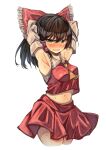  1girl absurdres armpits arms_behind_head black_hair blush bow breasts brown_hair chest_sarashi cowboy_shot cropped_legs detached_sleeves frilled_bow frills hair_bow hakurei_reimu highres long_sleeves looking_at_viewer medium_hair midriff navel nose_blush open_mouth presenting_armpit red_bow red_shirt red_skirt sarashi seika_okawari shirt simple_background skirt small_breasts solo stomach sweat touhou white_background white_shirt wide_sleeves yellow_eyes 