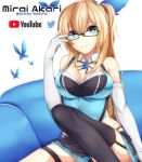  1girl absurdres adjusting_eyewear arm_support arm_up bangs bare_shoulders black-framed_eyewear black_legwear black_skirt blonde_hair blue_eyes blue_ribbon blue_shirt breasts bug butterfly character_name cleavage closed_mouth commentary couch elbow_gloves eyebrows_visible_through_hair garter_straps glasses gloves hair_between_eyes hair_ribbon highres insect kana616 large_breasts long_hair mirai_akari mirai_akari_project on_couch pleated_skirt ribbon shirt sitting skirt sleeveless sleeveless_shirt smile solo thighhighs translation_request twitter_logo very_long_hair virtual_youtuber white_background white_gloves 