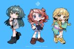  3girls antenna_hair blonde_hair blue_background blush braid brown_hair coat dated fang fujita_kotone full_body gakuen_idolmaster green_hair grey_coat hair_flaps hanami_saki hashtag-only_commentary hatsuboshi_gakuen_school_uniform highres idolmaster jacket long_hair looking_at_viewer multicolored_clothes multicolored_jacket multiple_girls school_uniform simple_background skin_fang smile tsukimura_temari twin_braids two_side_up yarawi 