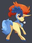 2012 ambiguous_gender blue_body blue_fur blush breath butt equid equine feral fur generation_5_pokemon grey_background hi_res hooves horn huiro keldeo legendary_pokemon looking_at_viewer looking_back looking_back_at_viewer mammal mane nintendo pokemon pokemon_(species) purple_eyes rear_view red_mane simple_background solo unicorn_horn yellow_body yellow_fur