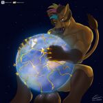absurd_res anthro balls big_balls big_butt bovid bovine butt cattle chrislhi cosmic_background destruction earth evil_face evil_grin explosion explosive_orgasm genitals hi_res holding_planet huge_butt macro male mammal muscular muscular_anthro muscular_male planet planet_destruction planet_penetrated size_difference smile smirk solo space space_background