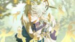  1boy black_gloves black_shirt blue_jacket blurry blurry_background blush closed_mouth commentary earrings english_commentary feathered_wings gloves grey_hair hair_between_eyes halo halo_behind_head head_wings highres honkai:_star_rail honkai_(series) jacket jewelry male_focus medium_hair moonya multicolored_clothes multicolored_jacket piercing scarf shirt solo sunday_(honkai:_star_rail) two-tone_jacket upper_body white_jacket white_scarf white_wings wing_piercing wings yellow_eyes 