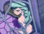 90s aqua_hair ass ayla_v_roznovsky battle_athletes from_outside green_eyes hand_on_own_knee long_hair looking_at_viewer looking_back looking_out_window non-web_source nude official_art shiny shiny_skin sitting solo window 