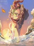 2025 autumn_blaze_(mlp) cloven_hooves dipstick_ears dragon ear_markings eyelashes female feral friendship_is_magic g5p7r glistening green_body green_scales hasbro hi_res hooves horn kemono kirin leaf male multicolored_ears my_little_pony mythological_creature mythological_scalie mythology open_mouth scales scalie solo water yellow_eyes
