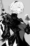  1girl 2b_(nier:automata) absurdres black_dress black_hairband bob_cut breasts cleavage cleavage_cutout clothing_cutout dress feather_trim flower gloves grey_background grey_gloves greyscale hairband highres holding holding_flower huge_weapon juliet_sleeves leotard long_sleeves looking_ahead mole mole_under_mouth monochrome nier:automata nier_(series) nishiii26miii pink_lips puffy_sleeves short_hair side_slit signature solo sword sword_behind_back thighs two-tone_gloves weapon weapon_behind_back white_gloves white_hair 