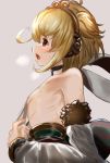  andira_(granblue_fantasy) animal_ears areolae armpit_peek bare_shoulders blonde_hair blush breasts breath commentary_request detached_sleeves erune eyebrows_visible_through_hair flat_chest fur_trim granblue_fantasy highres leotard long_sleeves maou_(maoudaisukiya) monkey_ears open_mouth red_eyes sash short_hair sideboob simple_background solo sweat white_leotard wide_sleeves 