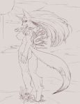  2017 amaterasu anthro anthrofied big_breasts breasts butt canine claws deity fdokkaku female flower hair hi_res long_hair looking_at_viewer looking_back mammal monochrome nude plant side_boob smile solo sun video_games wolf ōkami 