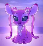  2016 3_toes alien angel_(lilo_and_stitch) antennae beach claws digital_drawing_(artwork) digital_media_(artwork) disney experiment_(species) eyelashes flower hi_res hibiscus lei lilo_and_stitch moozua pawpads pink_body pink_claws pink_theme plant purple_nose purple_pawpads purple_theme seaside signature sitting sky small_tail smile solo toe_claws toes 