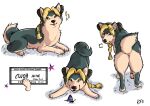 annoyed anus arthropod blep blonde_hair braided_hair braided_ponytail butterfly canid canine canis curled_tail domestic_dog female feral green_eyes hair hair_bun hi_res insect jojo&#039;s_bizarre_adventure jolyne_cujoh lepidopteran mammal ponytail sashimiren shiba_inu solo sparkles spitz star tail tongue tongue_out x_anus
