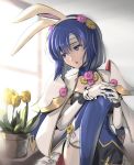  animal_ears blue_eyes blue_hair bunny_ears bunny_girl bunny_tail bunnysuit detached_collar elbow_gloves fake_animal_ears fingerless_gloves fire_emblem fire_emblem:_monshou_no_nazo flower gloves gonzarez headband katua pegasus_knight short_hair solo tail thighhighs 