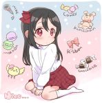  bangs between_legs bird black_hair blush bow candy character_name chick child chocolate commentary_request english expressionless food hair_bow hair_down hand_between_legs izumi_kirifu long_hair long_sleeves love_live! love_live!_school_idol_project macaron maroon_skirt microphone no_shoes pink_bow plaid plaid_skirt red_bow red_eyes red_skirt shirt shirt_tucked_in sitting skirt socks solo stuffed_animal stuffed_toy teddy_bear unmoving_pattern wariza white_legwear white_shirt yazawa_nico younger 