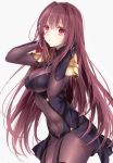  :0 bodysuit breasts commentary_request covered_navel fate/grand_order fate_(series) hair_intakes highres long_hair looking_at_viewer medium_breasts pauldrons purple_bodysuit purple_hair red_eyes scathach_(fate)_(all) scathach_(fate/grand_order) shoulder_armor sino_(sionori) very_long_hair white_background 