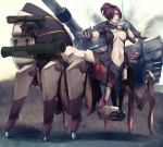  android areola_slip areolae bazooka breasts brown_hair female gun insect_girl jacket monster_girl navel original solo spider_girl vi2 weapon 