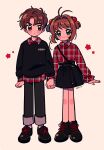  1boy 1girl :/ antenna_hair arms_at_sides asymmetrical_bangs black_jacket black_pants black_shoes black_skirt blue_ribbon blush brown_background brown_hair cardcaptor_sakura character_request check_character chueog closed_mouth clothes_writing flower green_eyes hair_bobbles hair_ornament hair_ribbon highres holding_hands jacket kinomoto_sakura li_syaoran long_sleeves looking_to_the_side messy_hair pants plaid_clothes plaid_shirt red_eyes red_shirt ribbon shirt shoes short_hair shoulder_strap simple_background skirt smile socks swept_bangs twitter_username unmoving_pattern v-shaped_eyebrows white_socks 