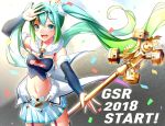  2018 commentary_request detached_sleeves eyebrows_visible_through_hair floating_hair goodsmile_racing green_eyes green_hair hatsune_miku highres long_hair navel open_mouth pleated_skirt racing_miku racing_miku_(2018) rukinya_(nyanko_mogumogu) skirt solo twintails very_long_hair vocaloid 