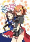  2girls ahoge belt black_bow black_gloves black_jacket black_scrunchie blue_eyes blue_gloves blue_pantyhose blush bow breasts brown_dress brown_hair dress elbow_gloves fate/grand_order fate_(series) forehead fujimaru_ritsuka_(female) fujimaru_ritsuka_(female)_(polar_chaldea_uniform) gloves hair_bow hair_ornament hair_scrunchie jacket leonardo_da_vinci_(fate) leonardo_da_vinci_(rider)_(fate) leonardo_da_vinci_(rider)_(first_ascension)_(fate) long_hair looking_at_viewer medium_breasts multiple_girls negi_(ulog&#039;be) one_eye_closed one_side_up orange_eyes orange_hair pantyhose parted_bangs ponytail pouch puff_and_slash_sleeves puffy_short_sleeves puffy_sleeves red_skirt scrunchie short_hair short_sleeves skirt small_breasts smile thighs tongue tongue_out v 