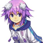  bangs choujigen_game_neptune closed_mouth collar commentary d-pad d-pad_hair_ornament hair_ornament hankuri hood hood_down hoodie looking_at_viewer neptune_(choujigen_game_neptune) neptune_(series) purple_eyes purple_hair short_hair simple_background smile solo upper_body white_background 