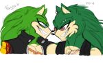  blue_eyes cheekfluff clothing duo ear_piercing edgy eyewear fluffy fur glasses green_fur grin hedgehog jacket leather leather_jacket leooodh male mammal piercing punk scar scourge_the_hedgehog sleeveless smile sonic_(series) stare taunt teeth 