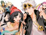  3girls 4boys band_(music) baseball_cap bass_guitar beanie black_hair blonde_hair chain closed_eyes drum drum_set electric_guitar elio_(pokemon) fua1heyvot4ifsr gladion_(pokemon) gold_chain grey_hair guitar guzma_(pokemon) hat hau_(pokemon) highres hood hoodie instrument lillie_(pokemon) microphone multiple_boys multiple_girls plumeria_(pokemon) pokemon pokemon_sm purple_hair selene_(pokemon) siblings sunglasses team_skull upper_body white_background white_hair z-ring 