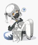  1girl bare_shoulders black_mask black_tail blue_archive colored_skin commentary_request ein_(blue_archive) extra_pupils hair_intakes heart highres hoshi_umi knees_up long_sleeves looking_at_viewer mask mechanical_hands mechanical_tail off_shoulder respirator simple_background sitting solo spoken_heart symbol-shaped_pupils tail twintails white_background white_hair white_skin x-shaped_pupils yellow_eyes 