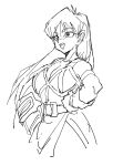  1girl :d armlet armor belt breasts cleavage collarbone daisy_(dq) dragon_quest dragon_quest_yuusha_abel_densetsu gloves helmet highres jewelry large_breasts long_hair monochrome open_mouth shino_(2919) simple_background sketch smile solo white_background 