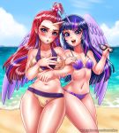  2018 animal_humanoid beach bikini blush clothed clothing cloud digital_media_(artwork) duo equine equine_humanoid eyewear feathered_wings feathers female friendship_is_magic glasses hair horn humanoid long_hair looking_at_viewer mammal moondancer_(mlp) multicolored_hair my_little_pony navel open_mouth outside purple_eyes purple_feathers racoon-kun seaside sky swimsuit twilight_sparkle_(mlp) wings 