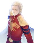  1boy belt blonde_hair blue_eyes cape char&#039;s_counterattack char_aznable commentary_request gundam military_uniform neo_zeon portrait science_fiction serious takeda_yuuko upper_body white_background 