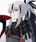  1girl armor black_gloves black_hair cup fate/grand_order fate_(series) gloves green_eyes licking_lips long_hair multicolored_hair nagao_kagetora_(fate) ponytail sakazuki shoulder_armor tongue tongue_out twitter_username two-tone_hair uesugi_kenshin_(fate) uesugi_kenshin_(first_ascension)_(fate) white_hair yzrh0 