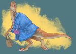 abstract_background aerosaur83 beak biped bipedal_feral clothing colored_nails dinosaur dress female feral hadrosaurid jewelry looking_back maiasaura nails necklace orange_body orange_scales ornithischian ornithopod prehistoric_species purple_eyes purse reptile ring scales scalie shopping_bag signature solo walking