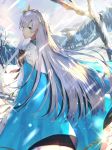  akamizuki_(akmzk) anastasia_(fate/grand_order) bangs blue_eyes blunt_bangs blush cape eyebrows_visible_through_hair fate/grand_order fate_(series) from_behind hair_over_one_eye long_hair looking_at_viewer looking_back snow solo very_long_hair 